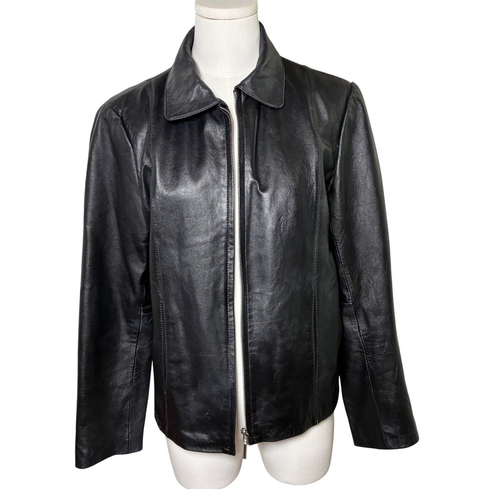 Adler Collection Black Genuine Leather Jacket Zip Front Collared Minimalist M